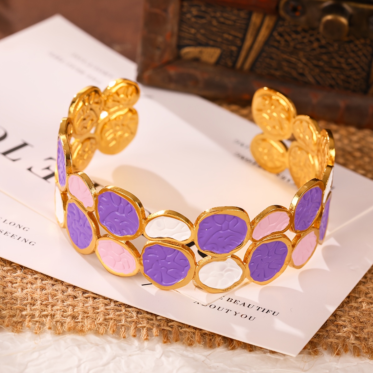 Women's Irregular Round Disc Color Block Enamel Open Cuff Bangle